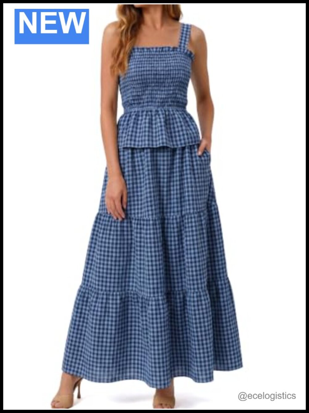 Women's 2 Piece Gingham Cotton Tank Top and Maxi Skirt Set with Pockets
